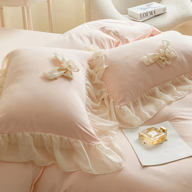Romantic Pink Satin Cotton Wedding Bedding Set with Ruffles and Bows